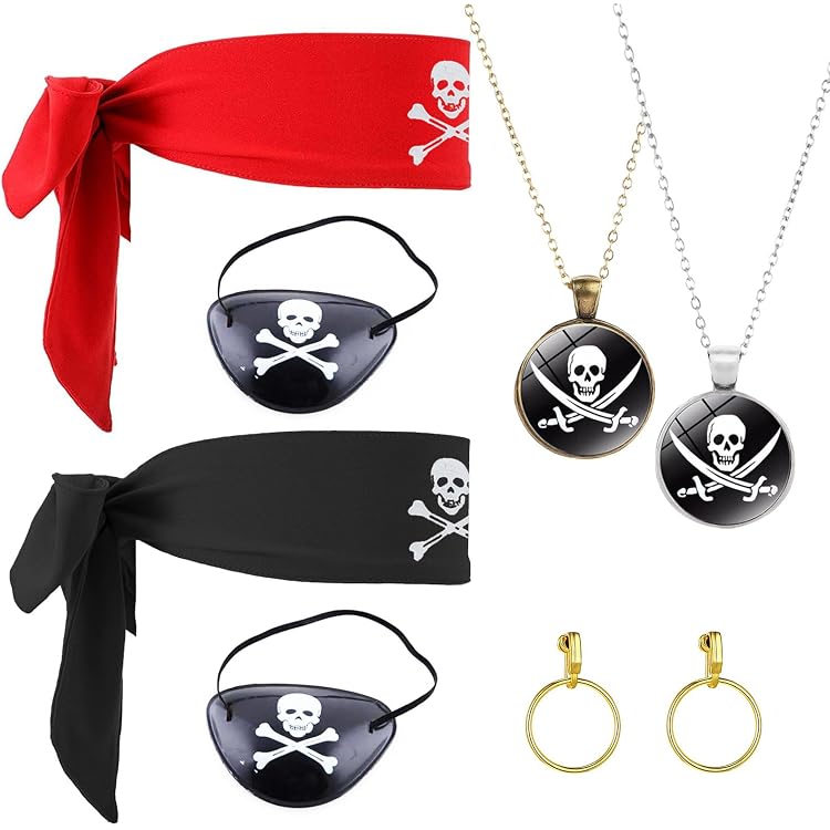 Kit Accessoires Pirate - Cache-œil, Bandana, écharpe, Boucles D'oreilles, Collier - Pour Déguisement Homme/femme