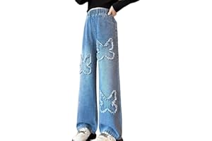 Panegy Jeans Strappati per Ragazze Vita Alta Elastica Baggy Casual Gamba Larga Denim Jeans Moda Lavato Pantaloni con Tasche Stretchy Vintage Pants età 5-15 Anni