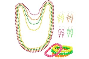 KSVFTB Neon Party Accessories, 8 Pcs 80's Retro Beaded Jewelry Set and 4 Pairs 80s Earrings, 80s Accessories for Women Neons Party Neon Accessorie Necklace Bracelets Beads