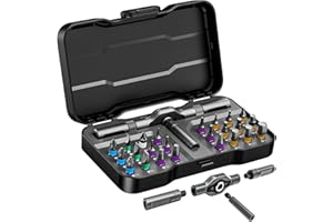 Koeutoze Tournevis à cliquet 24 en 1 - Kit tournevis magnétique de précision avec 24 embouts S2, poignée en aluminium amovible, outils de réparation pour meubles, bricolage, PC - Compact et portable