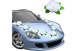 Feelhap Décoration de Voiture pour Mariage, Guirlande de Roses pour Voiture 9Pcs Rose Blanche Artificielle +2PCS 1.8m de Ruban Décoration Romantique de Mariage pour Automobile