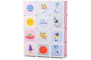 GYMAX Cartoon Clothes Closet, Portable Kids Wardrobe with Hanging Section, 12 Cubes Children Storage Unit for Bedroom Nursery (Pink, 110 x 35 x 144cm)