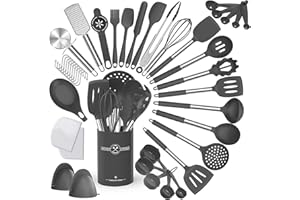 TERLULU Set di utensili da cucina, 34 pezzi, in silicone, resistenti al calore, con porta utensili, set di utensili da cucina antiaderente con manico in acciaio inox, lavabile in lavastoviglie, colore: grigio