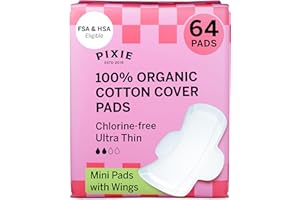PIXIE CUP Pixie – Serviettes Mini Coton Bio avec Ailettes – Ultra Fines, Absorption Légère – Hypoallergéniques, Sans Parfum, Biodégradables – 64 Unités