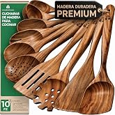 Wooden Kitchen Utensils, Set of 10, Teak Spatulas and Spoons | Non-scratch set suitable for non-stick pans; comfortable grip,