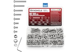 MYHONGLE 508 Pcs M5 Screws Set, Bolts and Nuts, Assorted Nuts and Bolts Sets, Hex Socket Head Cap Screw with Washers, Pan Round Head Machine Screws Assortment Kit (508Pcs M5)