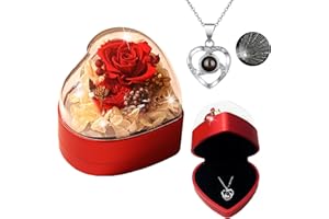 Plusupon Red Preserved Real Rose for Her Women,Wife, Mum, Handmade Eternal Rose Gift Box with I Love You Necklace in 100 Languages, Christmas Anniversary Birthday Valentine's Day