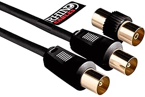 rhinocables Coaxial TV Aerial Cable with Gold-Plated Connectors | Male to Male RF Coax Lead with Female Adapter | Universally Compatible Fly Lead for HD/Standard TVs & Satellite Receivers (1.8m,Black)