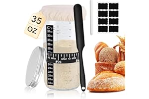 BCUUOZEEING Sauerteig Starter Set - 35 oz/1000 ml Sauerteig Glas - Fermentierglas mit Silikonspatel, Dattel Fütterungsband, Temperaturband, Deckel, Gärtuch, 8 Etiketten, Stift, Reusable Brotbackzubehör