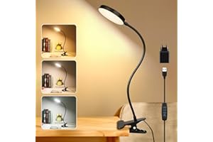 Morotty Clamp Lamp USB with Adapter and 1.5 m Cable, 3 Colour Changing and 10 Brightness, Flexible Gooseneck Lamp, Desk Lamp, Clampable, Reading Lamp on the Bed, Dimmable, Black