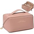 TOMILL Large Makeup Bag Travel Cosmetic Bag for Women Wide-open Portable Leather Travel Toiletry Bag Waterproof Makeup Bag for Cosmetics Toiletries Accessories, A-Pink, Sweetness 9.5*5.2*5.2 inches
