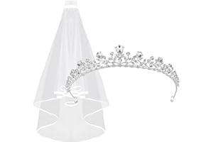 LLOUSSAK 2Pcs Bridal Veil, Crown Wedding Veils and Headpieces for Women, Veil and Silver Alloy Tiara package,Bowknot Rhinestone Flower Headband with Wreath Crown Veil, Rhinestone Crown White Satin for Girl