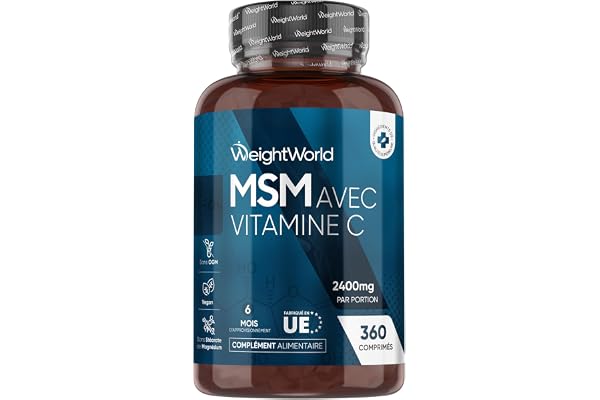 MSM Vitamine C 2400mg par Portion, 360 Comprimés Vegan 6 Mois d'Approvisionnement, Methylsulfonylmethane avec Acide Ascorbique (Vitamine C) en Comprimés Au Lieu de la MSM Poudre et Gélules