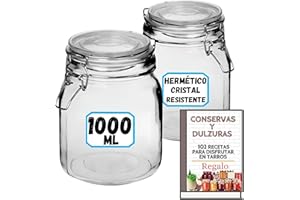 MUNDOTARROS 6 Tarros de Cristal Herméticos 1 litro - Con Etiquetas + Ebook de 102 Recetas - Tarros para Conservas, Mermelada, Encurtidos, Fermentar - Vidrio Resistente (6)