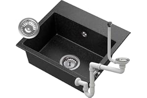 Granitan Spülbecken Milos 45 x 42 cm - Waschbecken für Küche - Granitspüle mit vorgebohrte Löche - Einbauspüle mit Siphon - Schwarz (Gefleckt)