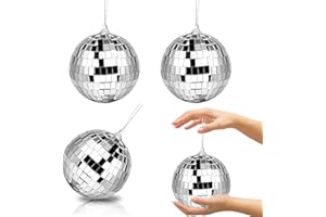 YAYAFUNFUN 3Pcs 10cm Disco Ball Decorations, Mirror Ball Sparkly with Hanging Ring, Silver Glitter Balls, Hanging Disco Light Mirror for 70s 80s DJs Party Wedding Birthday Cake Topper Christmas Tree Decor