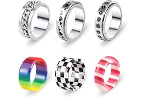 KISSPAT Fidget Rings for Anxiety Women Girls | Resin Stainless Steel Band Spinner Mood Rings Set Aesthetic