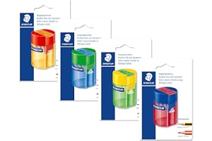 STAEDTLER 512 dubbelpennvässare med behållare 4-pack i 4 färgkombinationer | 2 spetshål för standard- och tjocka pennor, med burk – Art.nr. 512 006 BK