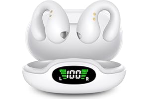 Boytond Wireless Auricolari - 2024 Bluetooth 5.3 Cuffie a Clip Orecchio Suono Stereo HiFi con Microfono ENC per Gli Amanti Degli Sport All'aperto, 50 Ore Display LED Custodia auricolare, IP7, Bianco
