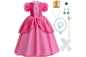 ANSAMY Peach Disfraz Niñas Vestido de Princesa Peach con Corona Guantes y Varita Mágica, Fancy Dress Difraces para Cosplay Halloween Navidad Carnaval