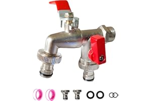 TOMALITHIC Robinet Double Sortie - Entrée 1/2 Et Sorties Doubles 3/4", Résistance aux Hautes Températures/Antigel/Antirouille/Laiton Double de Qualité Supérieure, pour Jardin, Machine à Laver, Baril de Pluie Att