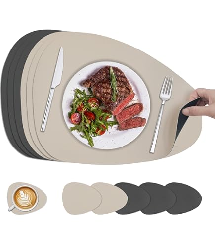 Placemats en Onderzetters Set van 4, Hittebestendige Tafelmatten van PU-leer Dubbelzijdige Waterdichte Wasbare en Antislip Placemats voor de