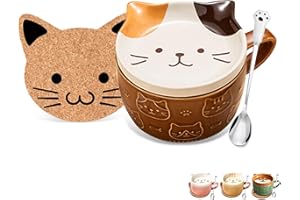 BIGNOSEDEER Tazza divertente in ceramica per gatti con coperchio, set di piattini per tazze da caffè e tè, tazzine caffe graziose tazze da caffè per amanti dei gatti, donne, ragazze, bambini, regali di Natale