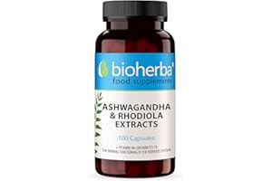 Ashwagandha y Rhodiola – 100 Cápsulas Alta Potencia | Suplemento adaptógeno con vitaminas B2, B5 y B6 para el equilibrio y bienestar diario | Bioherba