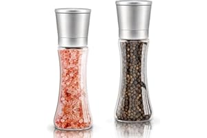 OBLLAR Premium Salt and Pepper Grinder Set of 2- Brushed Stainless Steel Pepper Mill and Salt Mil, Glass Body, Size Grade Adjustable Ceramic Rotor-Salt and Pepper shakers - Tall [No Spices Included]