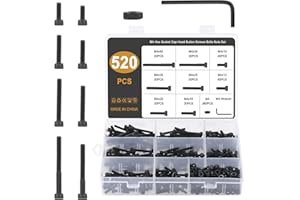Gueenky 520 Stück Innensechskant Schrauben Kohlenstoffstahl, M4 x 10/12/16/20/25/30/35/40mm Zylinderschrauben mit Innensechskant Maschinenschrauben Schwarz Schrauben mit Muttern und Sechskantschlüssel