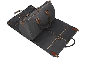 CRUITBILI 2 in 1 Canvas Leather Suit Luggage Garment Bag with Shoulder Strap for Travel and Business Trips, Black, American Casual