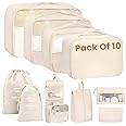OCEANEVO Mesh Set of 10 Pieces Packing Cubes Organiser for Travel,Travel Organizer Bags for Luggage,Suitcase includes 2 Drawstring Bags,Shoe Bag and Toiletry Bag with Hook - Set of 10 - Beige,32x11 cm