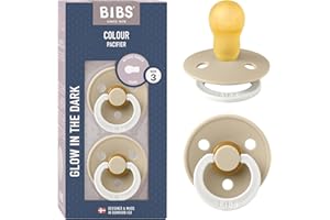 Tétine BIBS Colour Glow. Lot de 2 sucettes. Brillent dans le noir. Sans bisphénol A, Téterelle ronde. Latex de caoutchouc naturel, Fabriqué au Danemark, Taille 3 (plus de 18 mois), Vanilla Glow