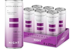 MEDAHUMAN CBD STILL Drink (20mg), NIGHT, Sour Cherry & Hibiscus, with Valerian Root, Vitamin D3 & Magnesium, Low Calorie, Vegan, Adaptogens & CBD Sleep Aid & Anxiety Relief Drink (Pack of 6 x 250ml)