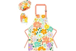 WERNNSAI Delantal Infantil Floral Impermeable con Gorro Chef y Guantes para Niñas y Niños 6-10 Años - Delantal Ajustable con Bolsillo para Cocinar, Pintar y Hornear - Talla S