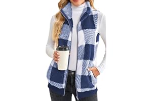 EUDOLAH Damens Fleece Weste mit Reißverschluss im Karo-Muster Warme Steppweste mit Stehkragen in Langer Weiter Passform für Winter und Freizeit