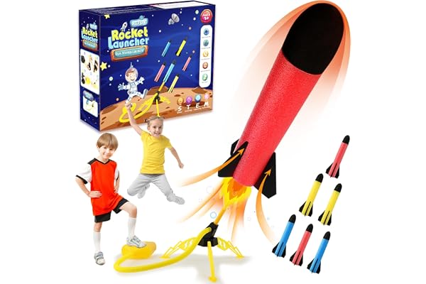 REFUN Rocket Launcher for Kids with 6 Colorful Foam Rockets, Air Rocket Toy Soars Up to 120 Feet, Stomp and Launch Fun Outdoor/Indoor Toy, Great Gift Toys for Boys and Girls Age 3+ Years Old