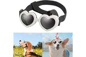 MOYUBATH Small Dog Sunglasses Pet Goggles UV Protection Heart Shape Puppy Goggles Windproof Waterproof Adjustable Strap Doggie Sun Glasses (White)