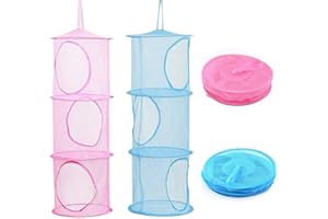 Floatdream 2PCS Rangement en Maille à Suspendre, Pliable Panier en Maille, Sac de Rangement de 3 Niveaux Suspendu en Maille, pour Ranger de Petits Vêtements et Petits Objets (Rose, Bleu)