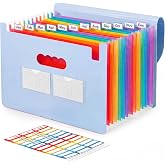 Diboniur A4 File Folder, 12 Pockets Accordion Folder, Blue | Document Organizer with 36 Adhesive Labels for Quick Sorting and