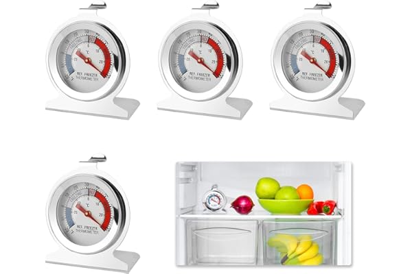 4 Pièces Thermomètre Congélateur, Thermometre Frigo en Acier Inoxydable pour Réfrigérateur et Congélateur, Plage de Température -30°C à 30°C / -20°F à 80°F, Cadran Large et Clair, Installation Facile