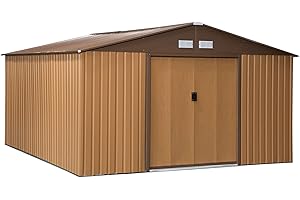 Outsunny Casetta da Giardino 12.4m² con Fondazione, 4 Prese d'Aria e 2 Porte Scorrevoli, Capanno Porta Attrezzi in Lamiera d'Acciaio, 340x386x200 cm, Giallo