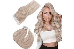 ‎EASYOUTH Easyouth Tape in Extensions Echthaar Remy Tape on Extensions Blond Highligthed Tape in Echthaar Extensions Aschblondes Highlight mit Hellblond 16 Zoll 40g 20Stück 18/613