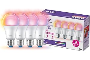 WiZ Smart LED A60 Bulb, White and Full Color, E27 Base, 60W, 806 Lumens, Dimmable, Works with Alexa, Google Assistant, and Apple HomeKit, Pack of 4