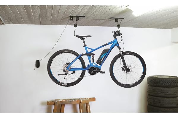 FISCHER Cykellift Plus | Lastkapacitet upp till 30 kg | Cykelfäste | Takfäste för cyklar och elcyklar | upp till 4 m takhöjd