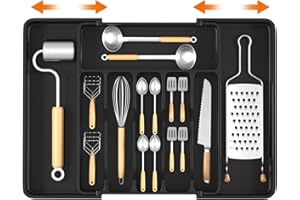 CIOXSOIO Portaposate per cassetti, inserto per posate regolabile, inserto per cassetti da cucina, espandibile fino a 33-57 cm, in plastica nera, organizer per cucchiai, coltelli, forchette