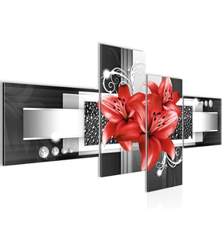 Runa Art - Cuadros Decorativos Flores Rosas 200 x 100 cm 5 Piezas XXL Decoracion de Pared Diseño Rojo Gris 204451a
