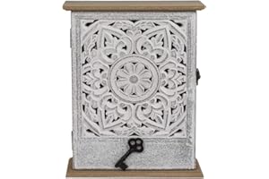 OUT OF THE BLUE OOTB Drewniana skrzynka na klucze z drzwiami, biała dekoracja kwiatowa, 20 x 26,5 cm