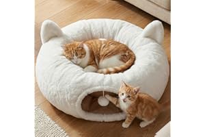 Fayavoo Cat Tunnel Bed for Indoor Cats, Soft Plush Round Peekaboo Cat Bed Cave with Washable Cushion, Under Cristmas Tree Cat Donut Tunnel Toys for Kitten Rabbit Puppy (White)