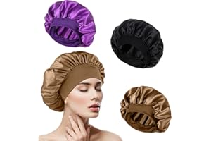 SALEEPENDENT 3 Piezas Gorro de Satén, Gorro de Dormir con Banda Ancha Elástica, Noche Pelo Rizado Gorro para Dormir para mujeres de todas las longitudes y grosores, Negro, Dorado, Morado Oscuro.